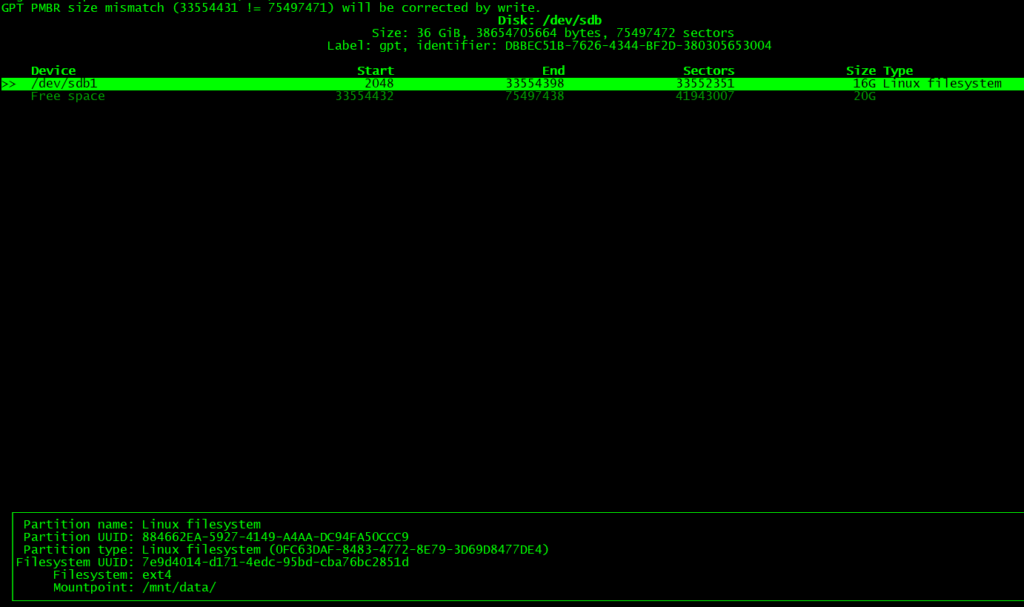 Увеличить диск c GPT-разметкой при помощи cfdisk в Linux 2