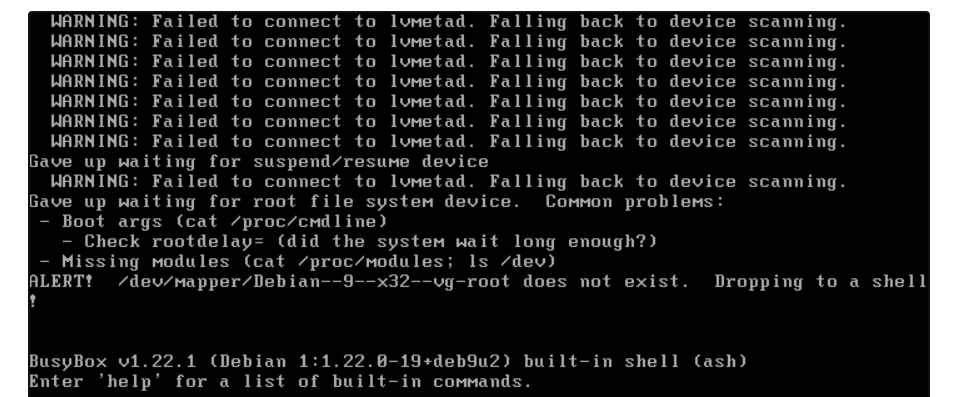 [РЕШЕНО] Failed to connect to lvmetad. Falling back to device scanning 1